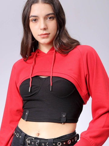 Women's Red Relaxed Fit Solid Hooded Sweatshirt