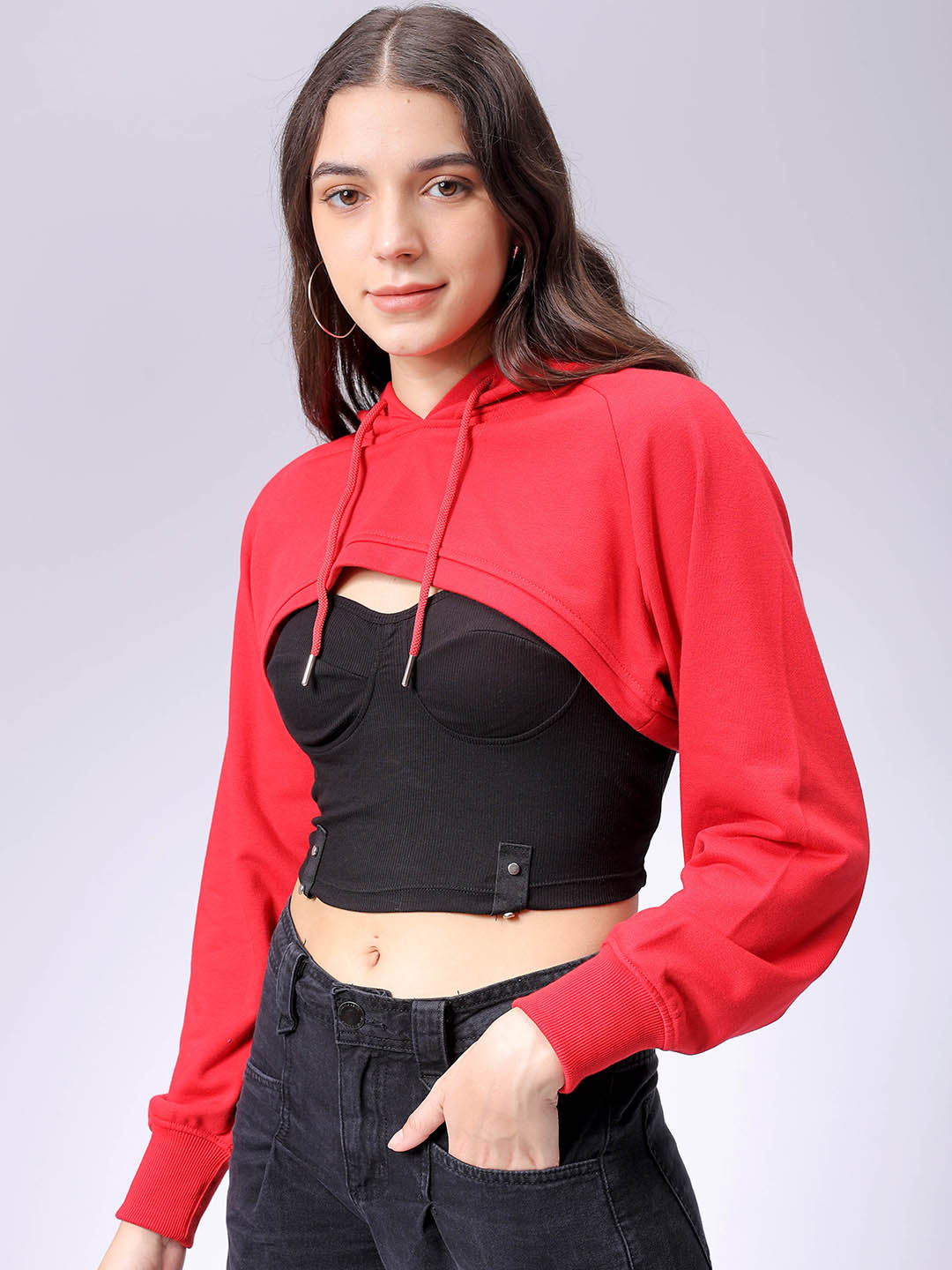 Women's Red Relaxed Fit Solid Hooded Sweatshirt