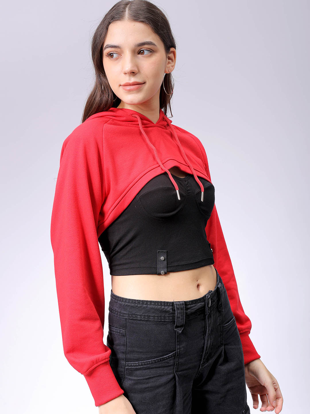 Women's Red Relaxed Fit Solid Hooded Sweatshirt