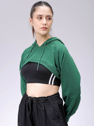 Women's Green Relaxed Fit Solid Hooded Sweatshirt