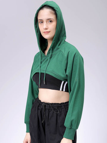 Women's Green Relaxed Fit Solid Hooded Sweatshirt