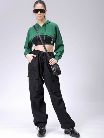 Women's Green Relaxed Fit Solid Hooded Sweatshirt