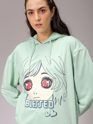Women's Green Loose Fit Anime Printed Long Sweatshirt