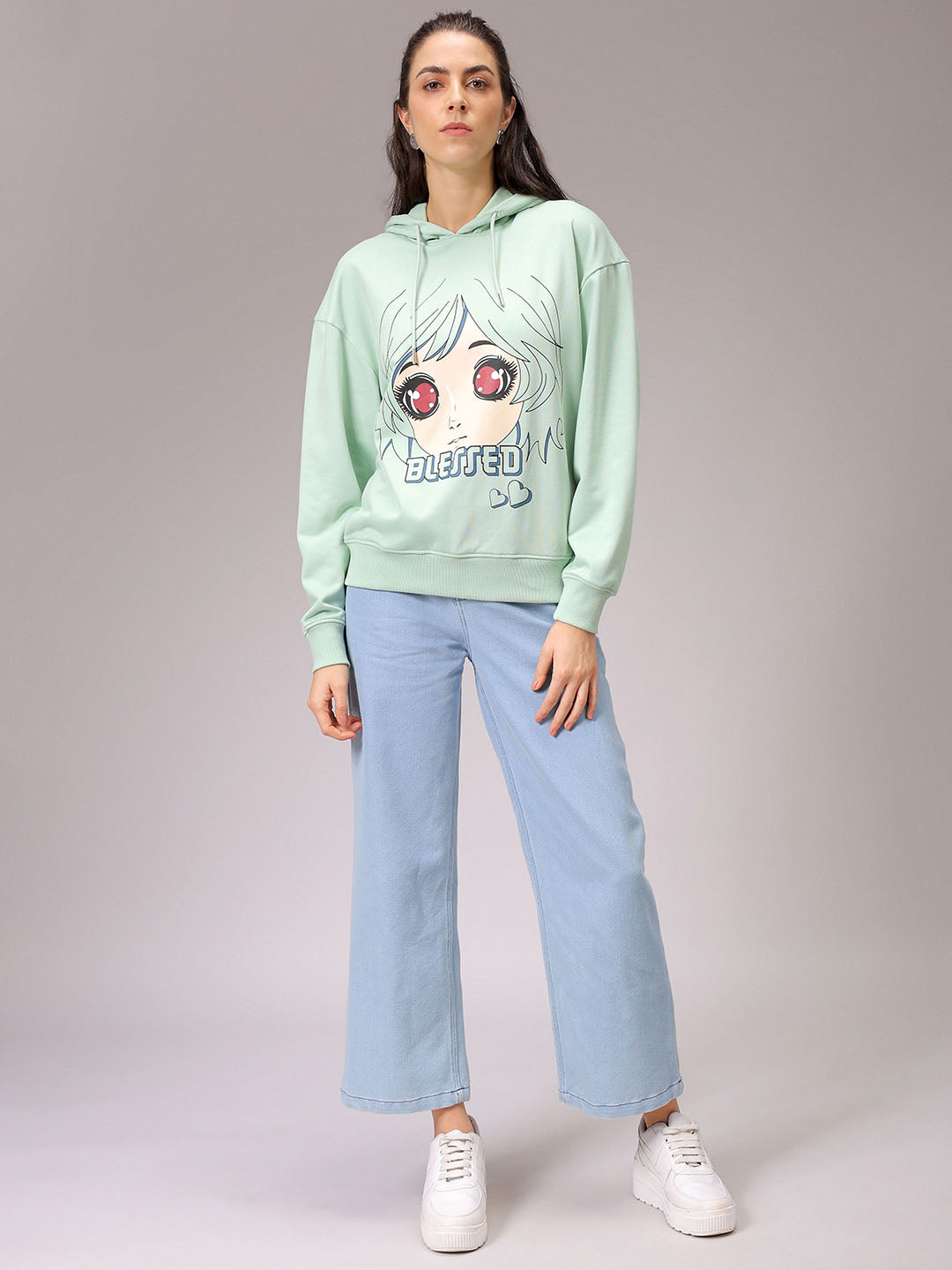 Women's Green Loose Fit Anime Printed Long Sweatshirt