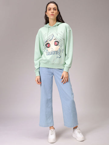 Women's Green Loose Fit Anime Printed Long Sweatshirt