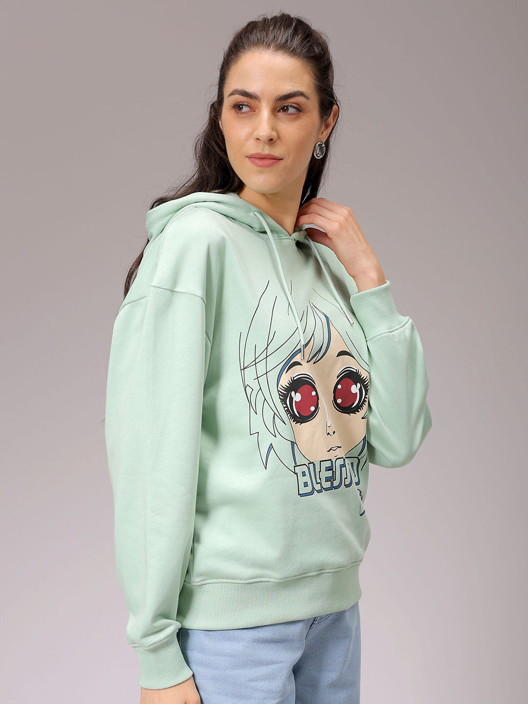 Women's Green Loose Fit Anime Printed Long Sweatshirt