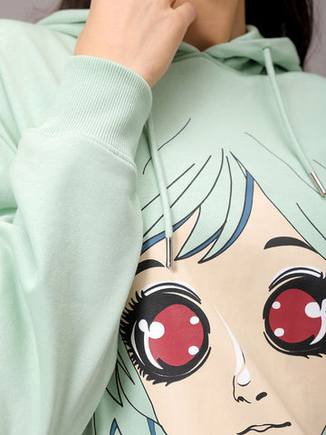 Women's Green Loose Fit Anime Printed Long Sweatshirt