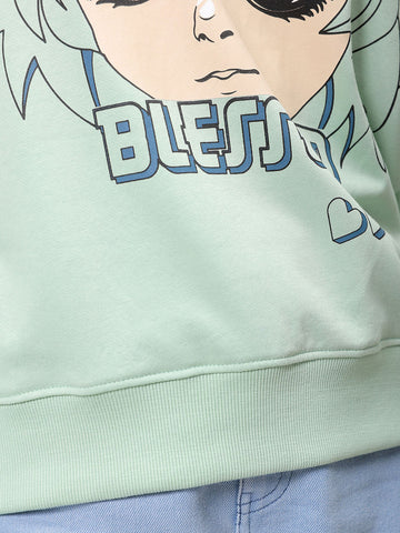 Women's Green Loose Fit Anime Printed Long Sweatshirt