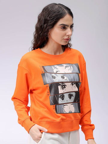 Women's Orange Relaxed Fit Anime Crewneck Sweatshirt