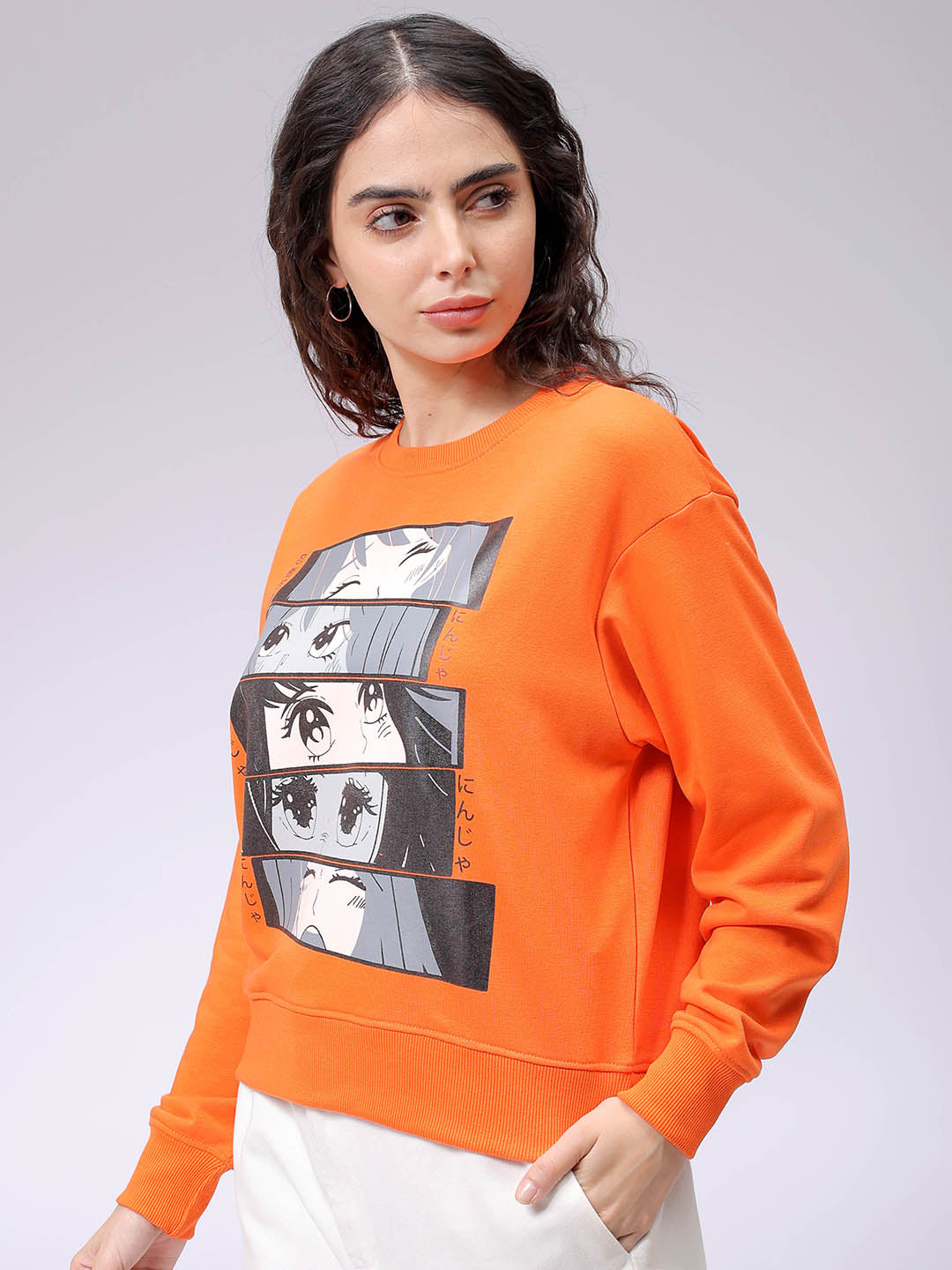 Women's Orange Relaxed Fit Anime Crewneck Sweatshirt