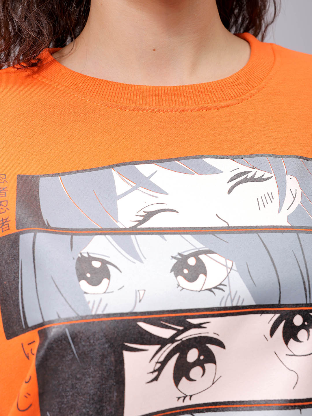 Women's Orange Relaxed Fit Anime Crewneck Sweatshirt