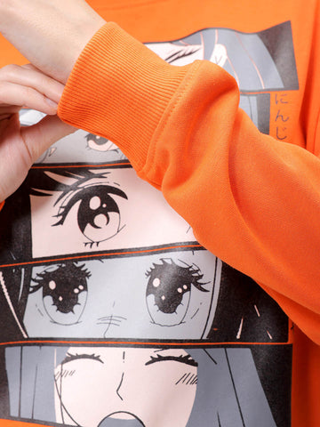 Women's Orange Relaxed Fit Anime Crewneck Sweatshirt