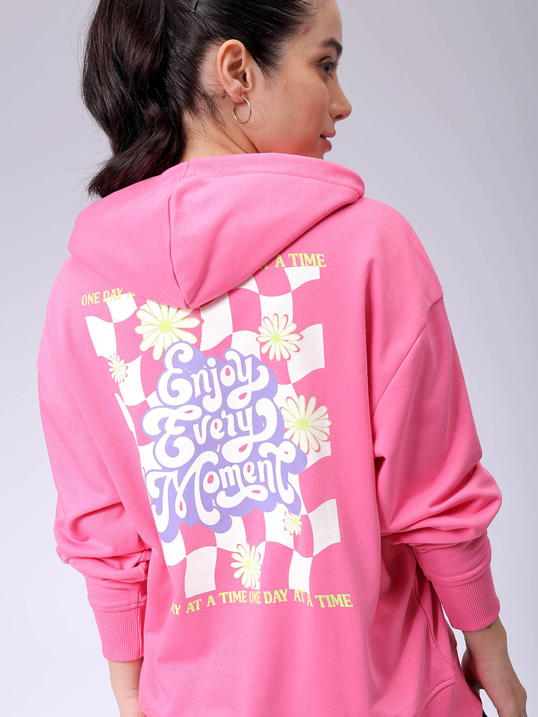 Women's Pink Loose Fit Backprinted Hooded Sweatshirt