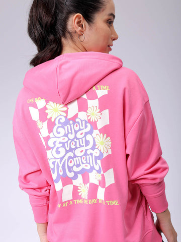 Women's Pink Loose Fit Backprinted Hooded Sweatshirt