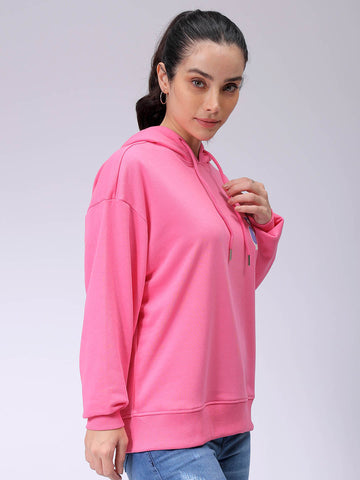 Women's Pink Loose Fit Backprinted Hooded Sweatshirt