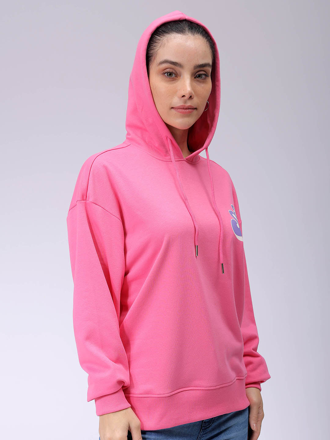 Women's Pink Loose Fit Backprinted Hooded Sweatshirt