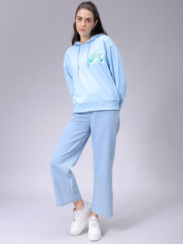 Women's Blue Loose Fit Graphic Long Sweatshirt