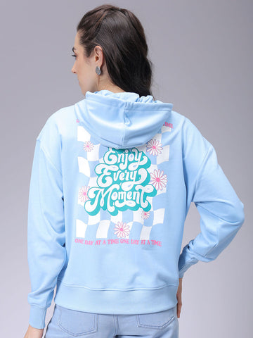 Women's Blue Loose Fit Graphic Long Sweatshirt