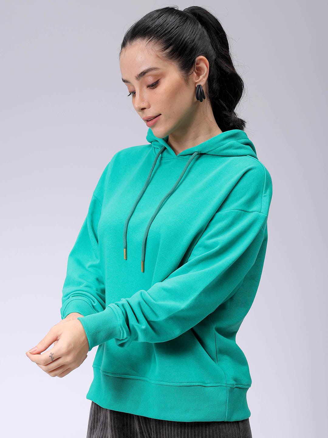 Women's Green Loose Fit Backprinted Hooded Sweatshirt