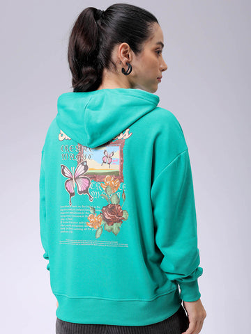 Women's Green Loose Fit Backprinted Hooded Sweatshirt