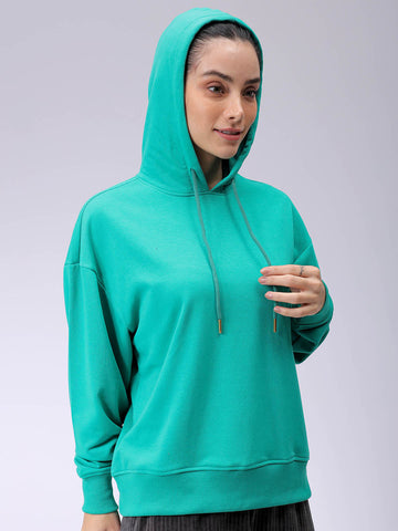 Women's Green Loose Fit Backprinted Hooded Sweatshirt