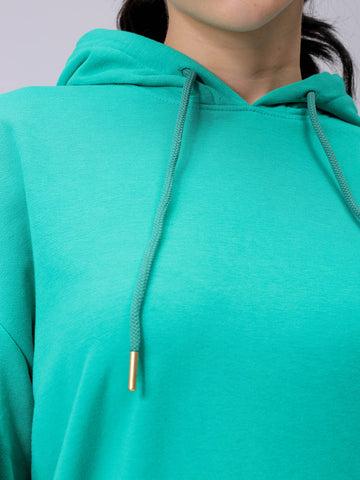 Women's Green Loose Fit Backprinted Hooded Sweatshirt