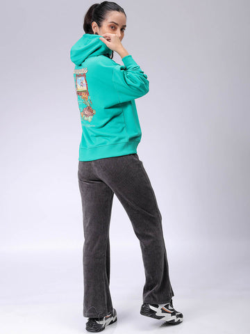 Women's Green Loose Fit Backprinted Hooded Sweatshirt