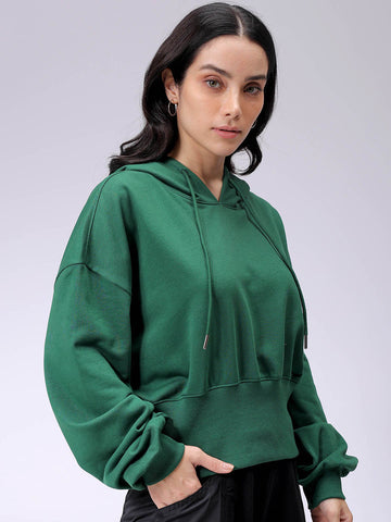 Women's Green Regular Fit Solid Balloon Sweatshirt