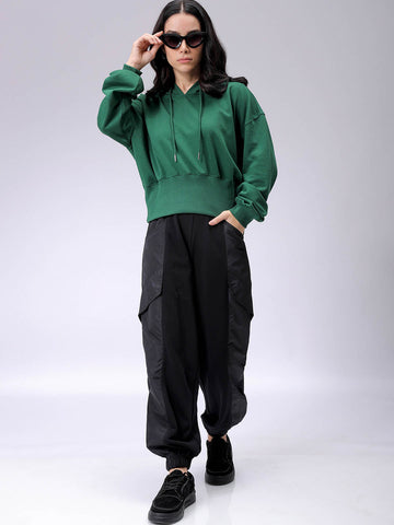Women's Green Regular Fit Solid Balloon Sweatshirt