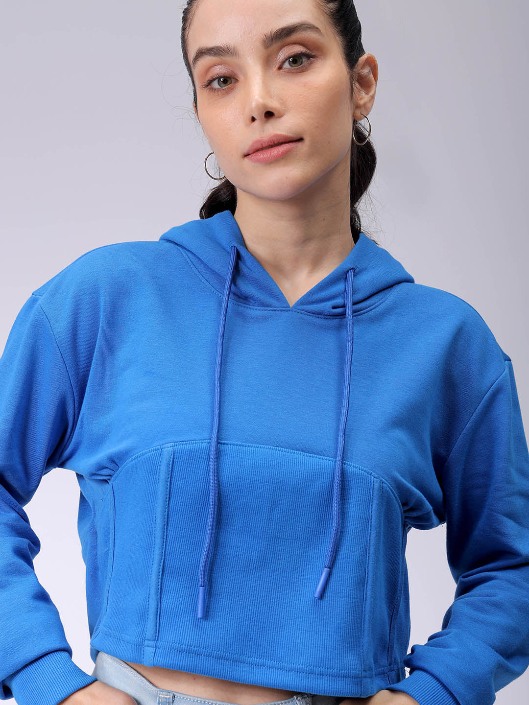 Women's Blue Fitted Solid Corset Sweatshirt