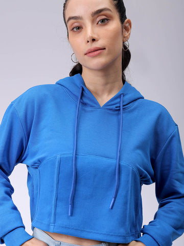 Women's Blue Fitted Solid Corset Sweatshirt