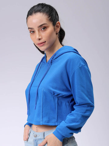 Women's Blue Fitted Solid Corset Sweatshirt