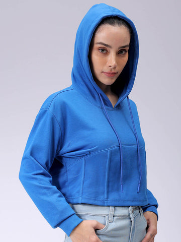 Women's Blue Fitted Solid Corset Sweatshirt