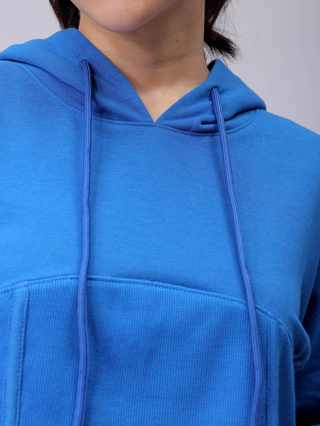 Women's Blue Fitted Solid Corset Sweatshirt