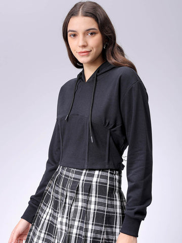 Women's Black Fitted Solid Corset Sweatshirt