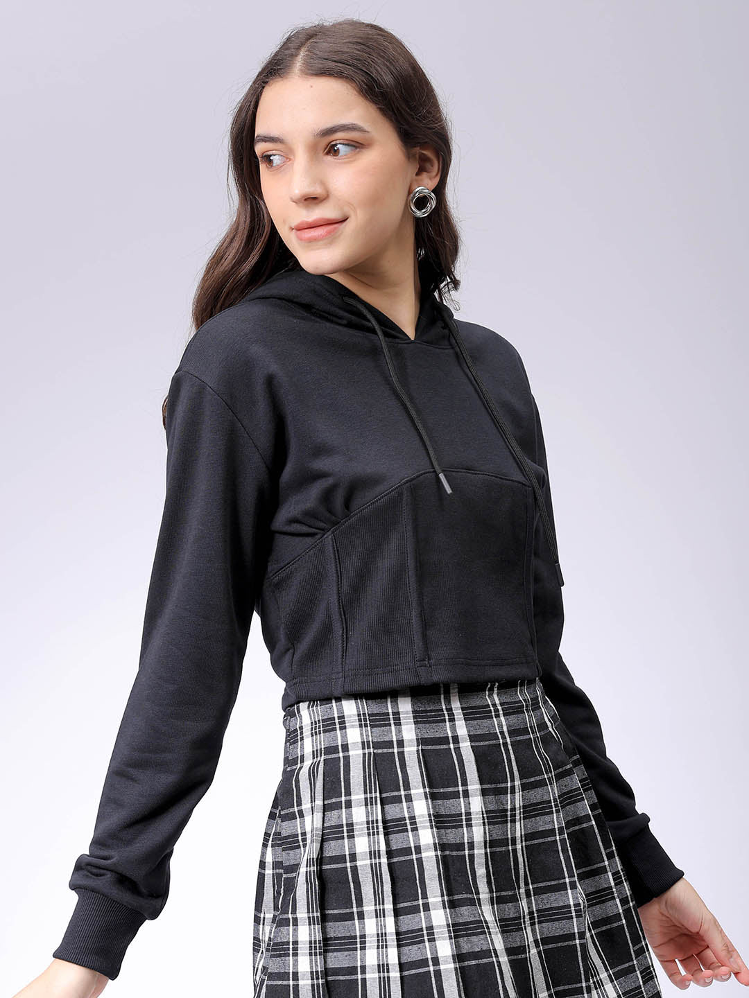 Women's Black Fitted Solid Corset Sweatshirt