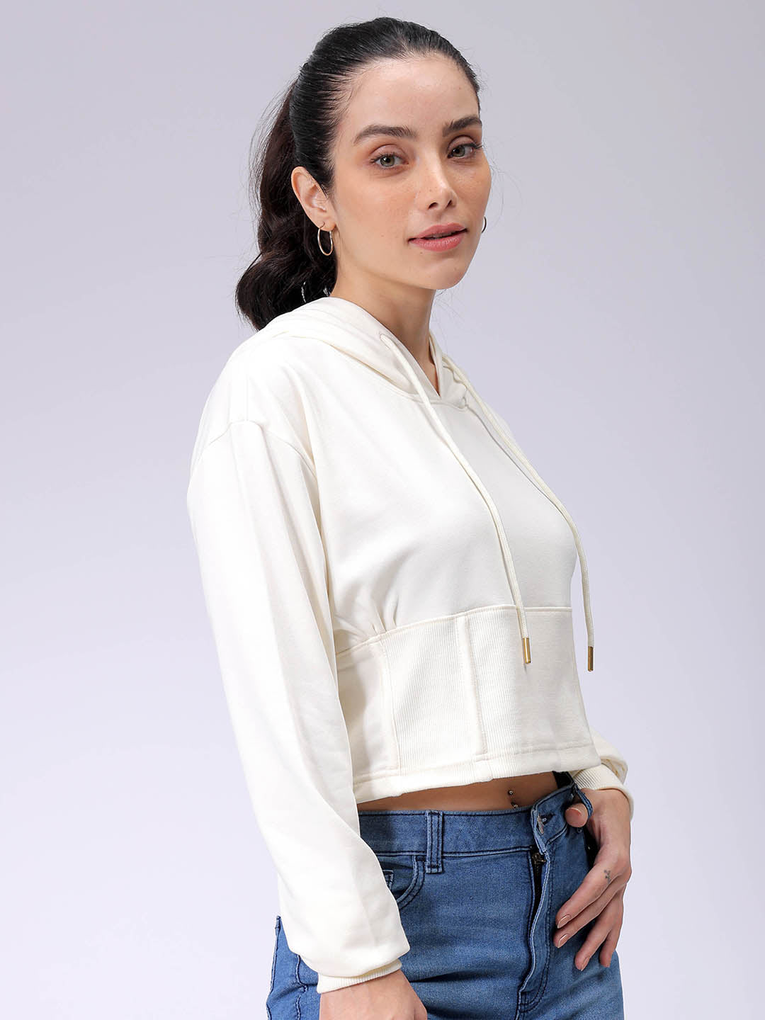 Women's White Fitted Solid Corset Sweatshirt