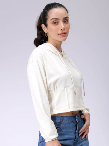 Women's White Fitted Solid Corset Sweatshirt