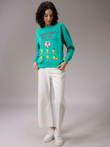 Women's Green Boxy Fit Looney Tunes Long Sweatshirt