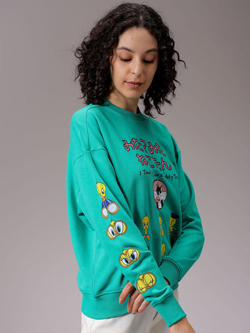 Women's Green Boxy Fit Looney Tunes Long Sweatshirt