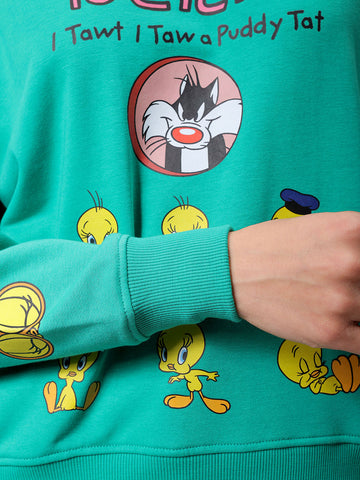 Women's Green Boxy Fit Looney Tunes Long Sweatshirt