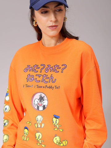 Women's Orange Boxy Fit Looney Tunes Long Sweatshirt