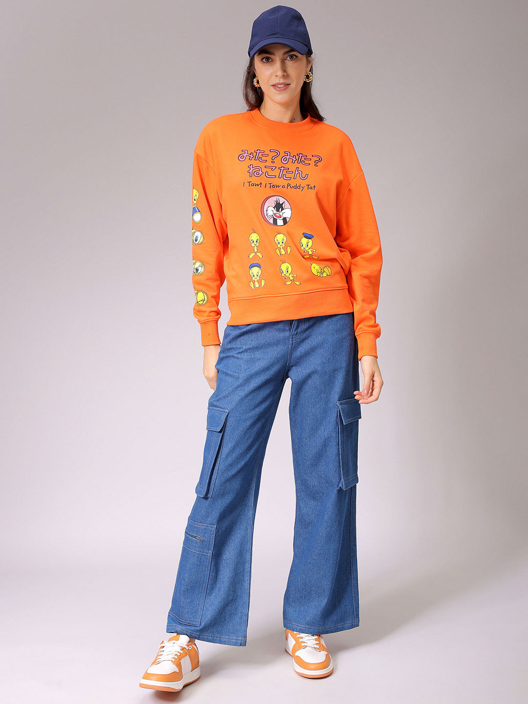 Women's Orange Boxy Fit Looney Tunes Long Sweatshirt