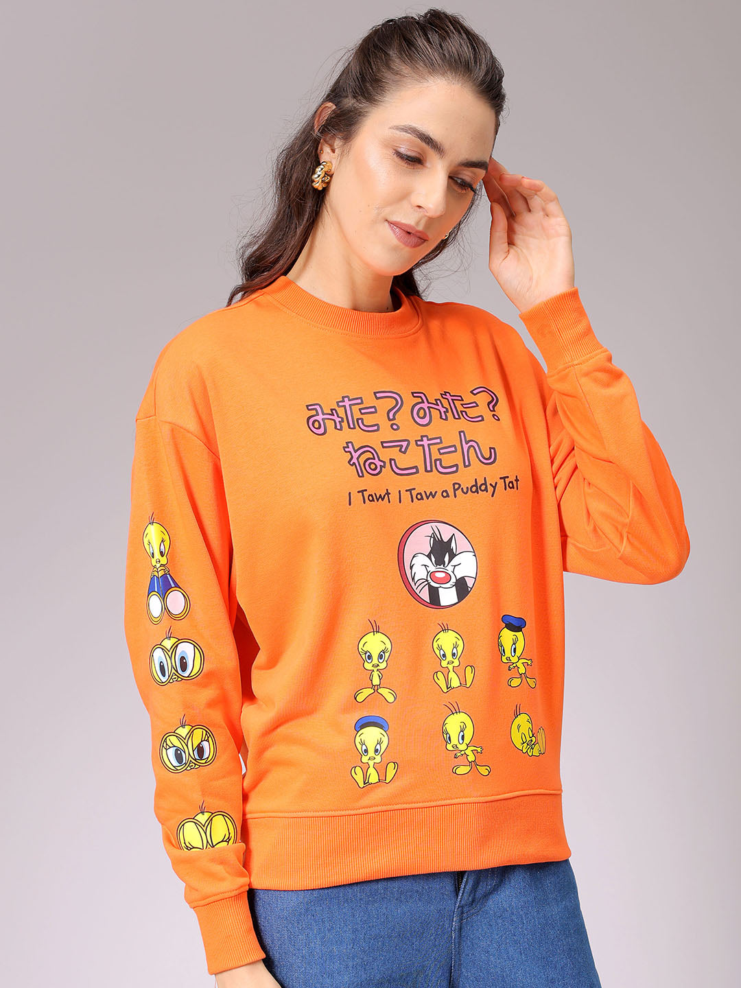 Women's Orange Boxy Fit Looney Tunes Long Sweatshirt