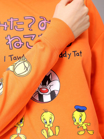 Women's Orange Boxy Fit Looney Tunes Long Sweatshirt