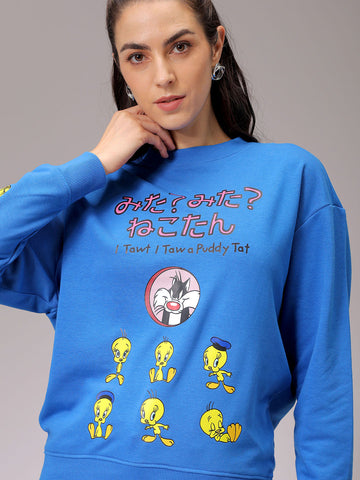 Women's Blue Boxy Fit Looney Tunes Long Sweatshirt