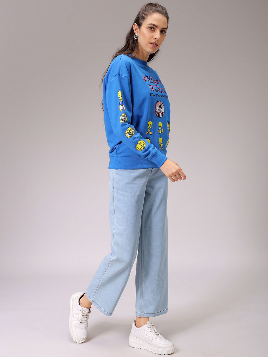 Women's Blue Boxy Fit Looney Tunes Long Sweatshirt