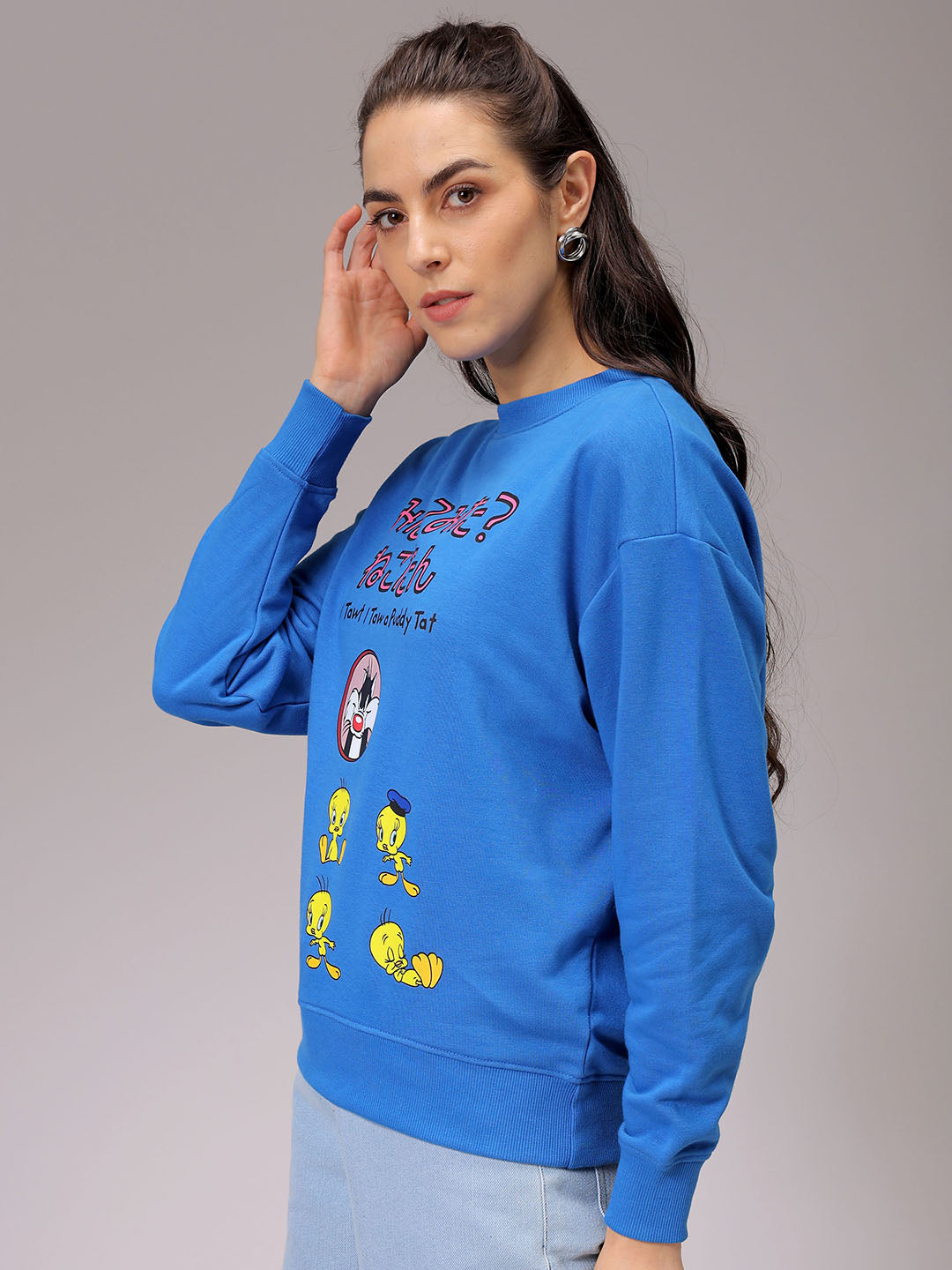 Women's Blue Boxy Fit Looney Tunes Long Sweatshirt