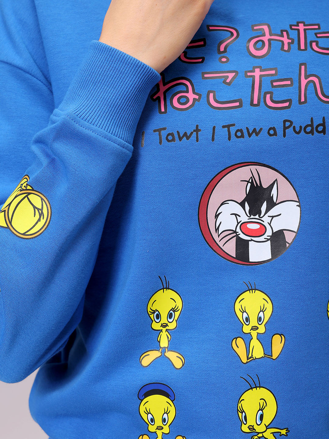 Women's Blue Boxy Fit Looney Tunes Long Sweatshirt