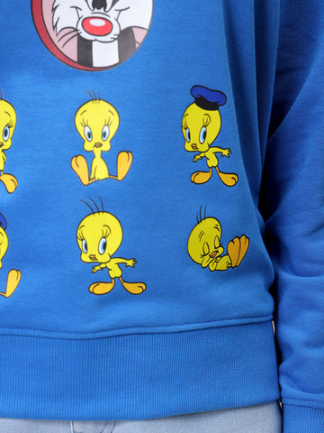 Women's Blue Boxy Fit Looney Tunes Long Sweatshirt